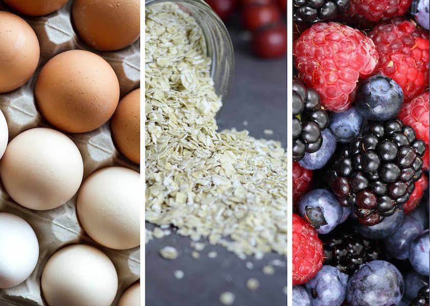 Photo collage showing eggs, oats, and berries. 